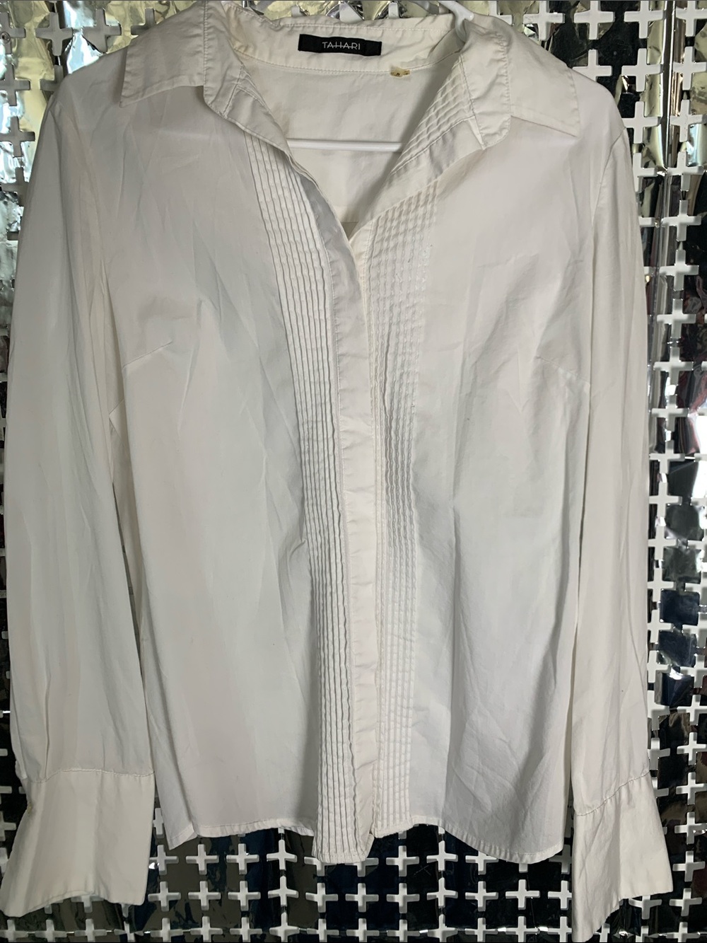 Tahari White Pintuck-Front Button Down Shirt